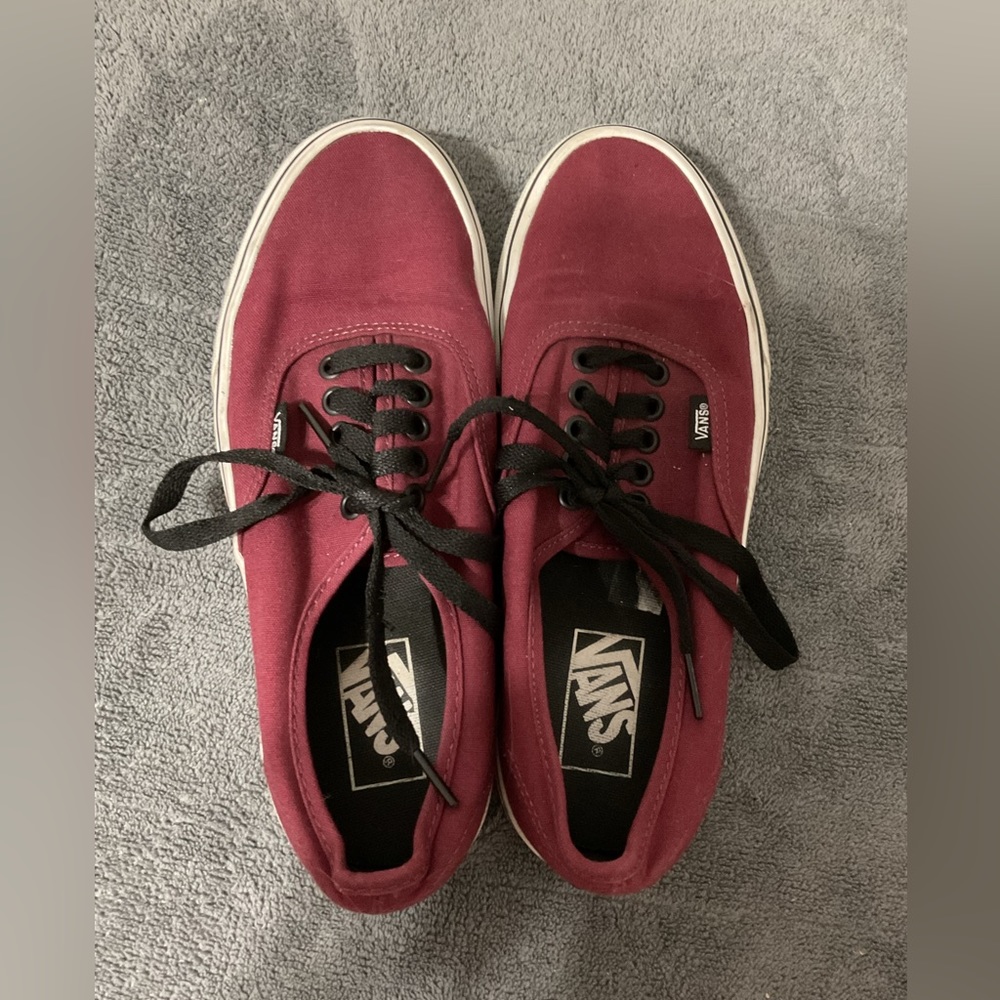 Burgundy red and black, Vans.
